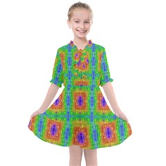 Groovy Purple Green Blue Orange Square Pattern Kids  All Frills Chiffon Dress by BrightVibesDesign