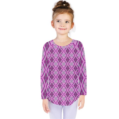 Argyle Large Pink Pattern Kids  Long Sleeve Tee by BrightVibesDesign