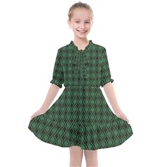 Argyle Dark Green Brown Pattern Kids  All Frills Chiffon Dress by BrightVibesDesign