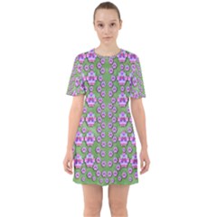 Fantasy Flowers Dancing In The Green Spring Sixties Short Sleeve Mini Dress by pepitasart