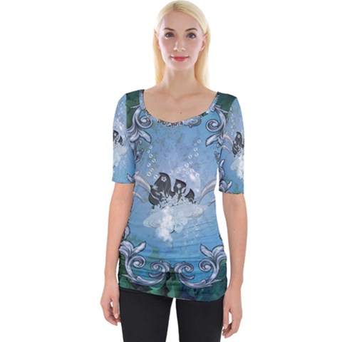 Surfboard With Dolphin Wide Neckline Tee by FantasyWorld7