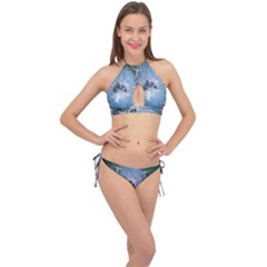 Surfboard With Dolphin Cross Front Halter Bikini Set by FantasyWorld7