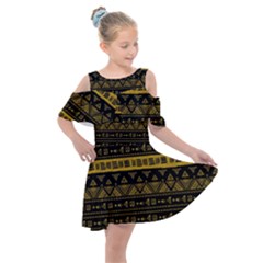 Native American Ornaments Watercolor Pattern Black Gold Kids  Shoulder Cutout Chiffon Dress by EDDArt