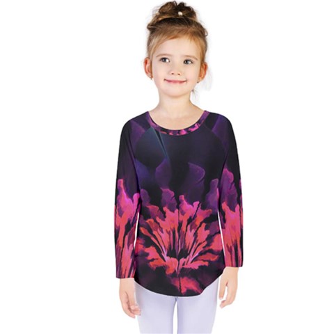 Floral Pink Fractal Painting Kids  Long Sleeve Tee by Pakrebo