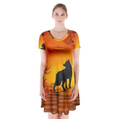 Wonderful Wolf In The Night Short Sleeve V-neck Flare Dress by FantasyWorld7