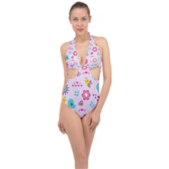 Birds Floral Flowers Retro Spring Halter Front Plunge Swimsuit by Pakrebo