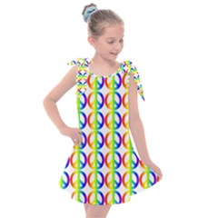 Retro Rainbow Gradient Peace Symbol Kids  Tie Up Tunic Dress by Pakrebo