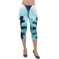 Wonderful Unicorn Silhouette In The Night Lightweight Velour Capri Leggings  by FantasyWorld7