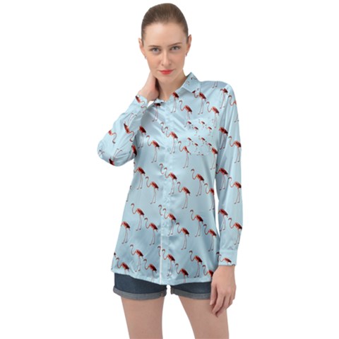 Flamingo Pattern Blue Long Sleeve Satin Shirt by snowwhitegirl