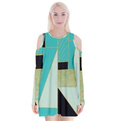 Turquoise,black And Gold Velvet Long Sleeve Shoulder Cutout Dress by VeataAtticus