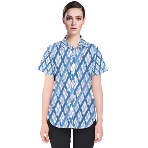 Geometric Overlay Blue Women s Short Sleeve Shirt by Bajindul