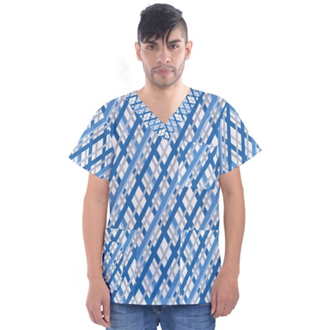 Geometric Overlay Blue Men s V-neck Scrub Top by Bajindul