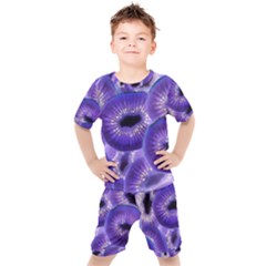 Sliced Kiwi Fruits Purple Kids  Tee And Shorts Set by Pakrebo