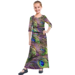 Green Purple And Blue Peacock Feather Digital Wallpaper Kids  Quarter Sleeve Maxi Dress by Pakrebo