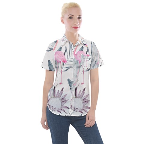 Tropical Flamingos Women s Short Sleeve Pocket Shirt by Sobalvarro