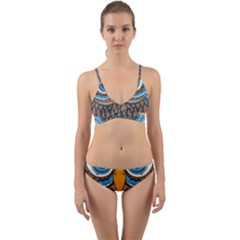 Owl Drawing Art Vintage Clothing Blue Feather Wrap Around Bikini Set by Sudhe