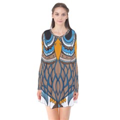 Owl Drawing Art Vintage Clothing Blue Feather Long Sleeve V-neck Flare Dress by Sudhe