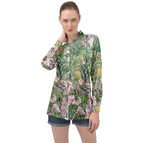 Peafowl Peacock Feather Beautiful Long Sleeve Satin Shirt by Sudhe