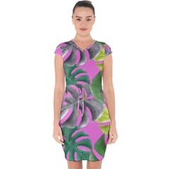 Tropical Greens Leaves Design Capsleeve Drawstring Dress  by Simbadda