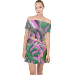 Tropical Greens Leaves Design Off Shoulder Chiffon Dress by Simbadda