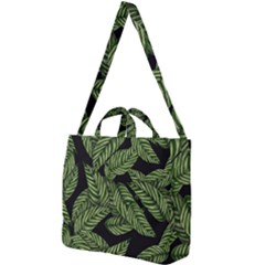 Leaves Black Background Pattern Square Shoulder Tote Bag by Simbadda