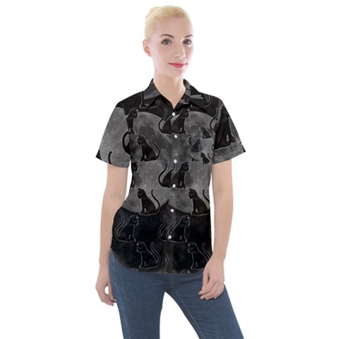 Black Cat Full Moon Women s Short Sleeve Pocket Shirt by bloomingvinedesign