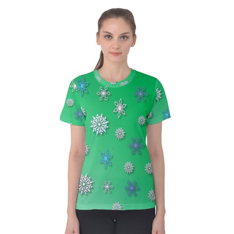 Snowflakes Winter Christmas Green Women s Cotton Tee by HermanTelo