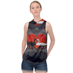 In Love, Wonderful Black And White Swan On A Heart High Neck Satin Top by FantasyWorld7