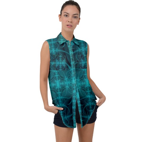 Abstract Art Design Digital Art Sleeveless Chiffon Button Shirt by Pakrebo