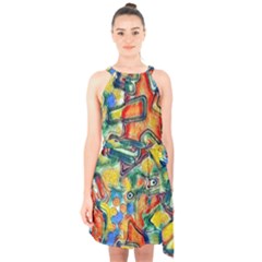 Colorful Painted Shapes                    Halter Collar Waist Tie Chiffon Dress by LalyLauraFLM