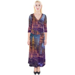 City Lights Skyline Buildings Quarter Sleeve Wrap Maxi Dress by Wegoenart