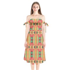 Pattern Orange Green African Shoulder Tie Bardot Midi Dress by Wegoenart