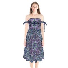 Pattern Fire Purple Repeating Shoulder Tie Bardot Midi Dress by Wegoenart