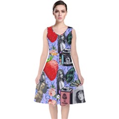 Vintage Girls Floral Collage V-neck Midi Sleeveless Dress  by snowwhitegirl