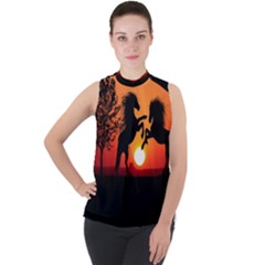 Sunset Horses Shadow Mock Neck Chiffon Sleeveless Top by Bajindul