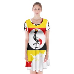 Uganda Flag Map Geography Outline Short Sleeve V-neck Flare Dress by Sapixe