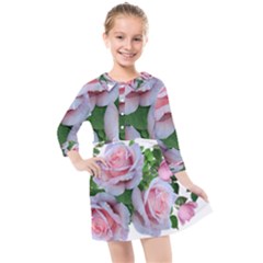 Roses Pink Flowers Leaves Kids  Quarter Sleeve Shirt Dress by Pakrebo