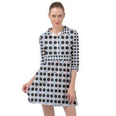 Black Flower On Blue White Pattern Mini Skater Shirt Dress by BrightVibesDesign