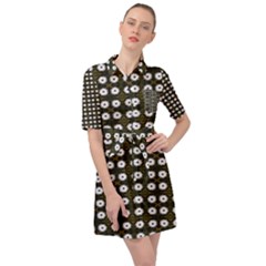 White Flower Pattern On Yellow Black Belted Shirt Dress by BrightVibesDesign