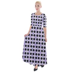 Black Flower  On Purple White Pattern Half Sleeves Maxi Dress by BrightVibesDesign