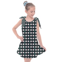 White Flower Pattern On Green Black Kids  Tie Up Tunic Dress by BrightVibesDesign