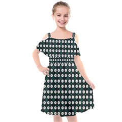 White Flower Pattern On Green Black Kids  Cut Out Shoulders Chiffon Dress by BrightVibesDesign