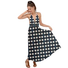 White Flower Pattern On Dark Blue Backless Maxi Beach Dress by BrightVibesDesign