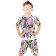 Flowers Roses Pink White Blooms Kids  Tee And Shorts Set by Simbadda