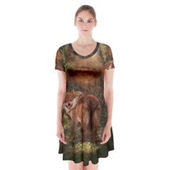 Awesome Wolf In The Darkness Of The Night Short Sleeve V-neck Flare Dress by FantasyWorld7