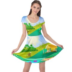 Tropical Resort Huts Lake River Cap Sleeve Dress by Simbadda