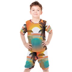 Sunset Beach Beach Palm Ocean Kids  Tee And Shorts Set by Simbadda