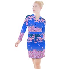 Sakura Cherry Blossom Night Moon Button Long Sleeve Dress by Simbadda