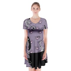 Wide Eyed Girl Grey Lilac Short Sleeve V-neck Flare Dress by snowwhitegirl