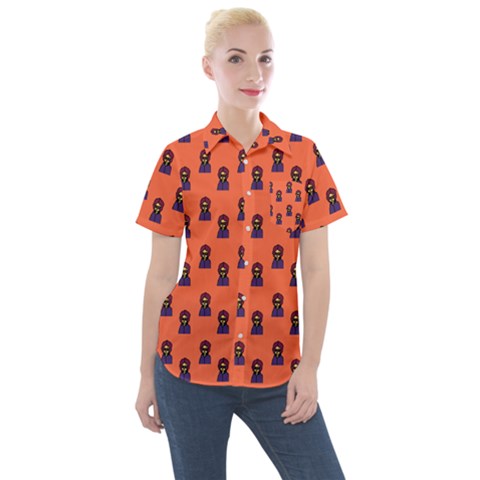 Nerdy 60s  Girl Pattern Orange Women s Short Sleeve Pocket Shirt by snowwhitegirl